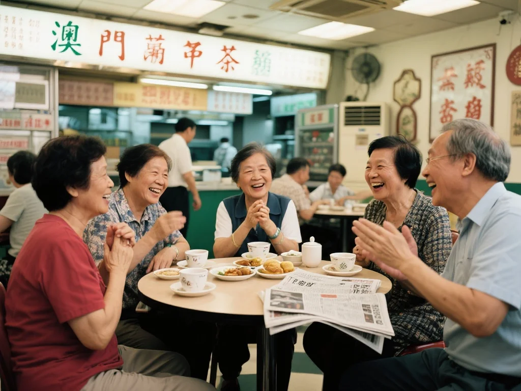 一群澳门居民在一家传统茶餐厅里围坐，气氛热烈，他们正在开心地交谈，桌上摆放着茶点和报纸，展现出轻松愉快的社交场景